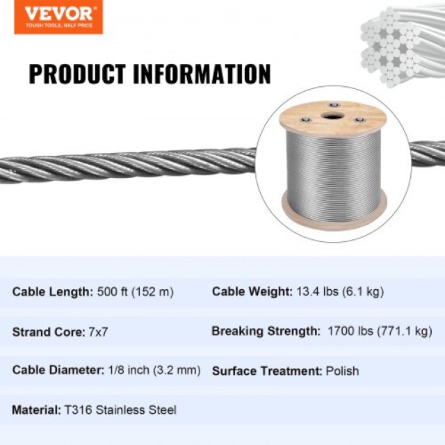 Καλώδιο Ανοξείδωτο VEVOR T316 1/8 7x7 500FT για Κάγκελα & Μπαλκόνια  316GSS7X700000001V0