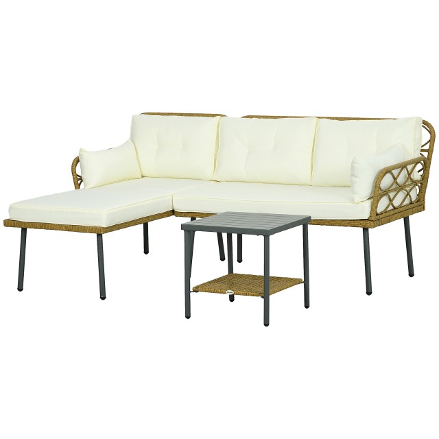 PE Rattan Garden Lounge με σεζλόνγκ, 2θέσιο καναπέ και τραπεζάκι σαλονιού, κρέμα 84G-359V00CW