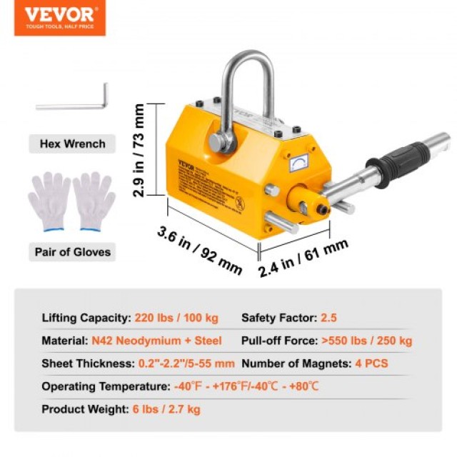 Μαγνητικός Ανυψωτήρας VEVOR, 100 kg, Μόνιμος Μαγνήτης για Ανυψωτικό  YCXPU100KGN42OJ37V0