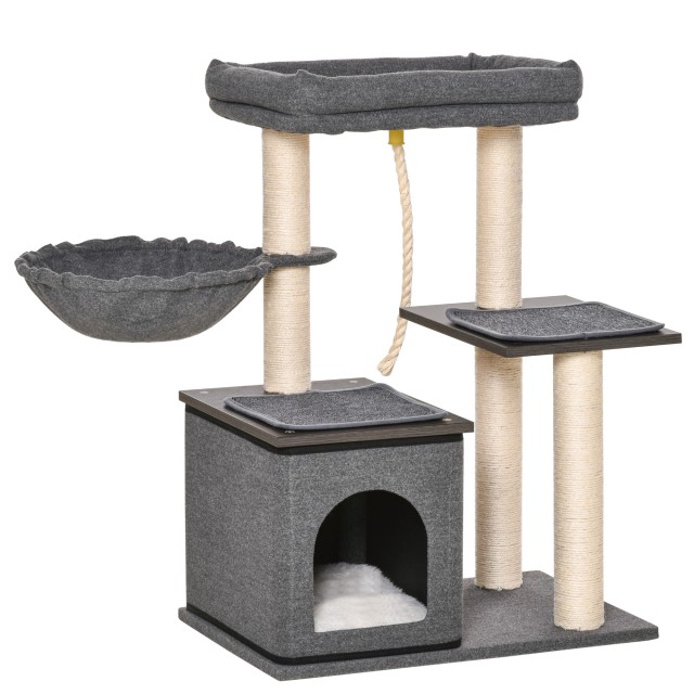 PawHut Cat Scratching Post Tree με κρεβάτι, αιώρα, σπιτάκι και στύλους Sisal, 60x40x83cm, Γκρι D30-447