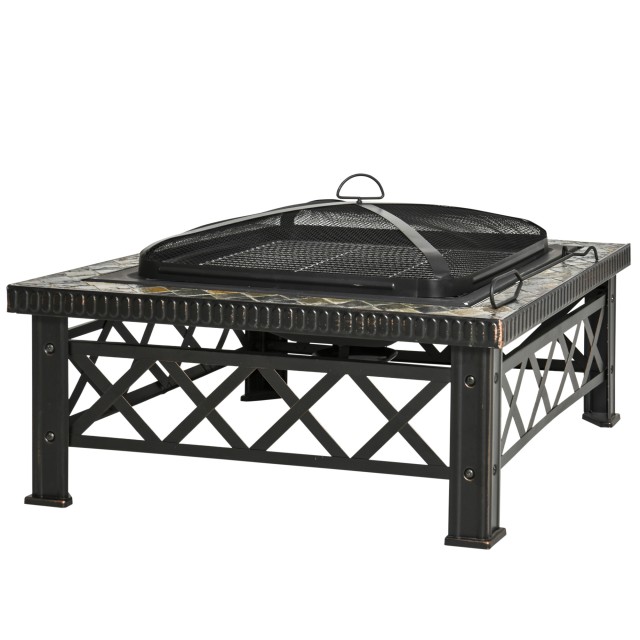 Outsunny Garden Fire Pit με καπάκι σπινθήρα και μεταλλική ψησταριά 76x76x47cm Μαύρο