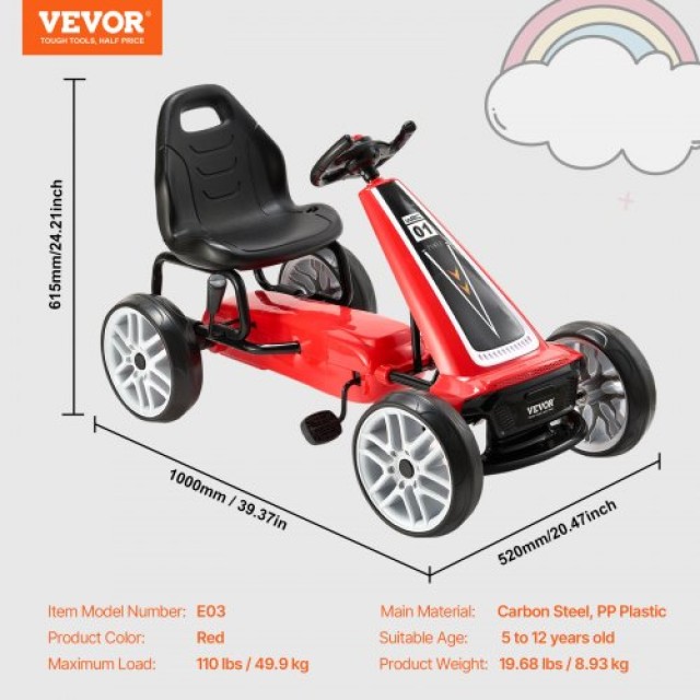 VEVOR  Παιδικό Ποδήλατο Go Kart 4 Τροχών με Πεντάλ, Ρυθμιζόμενο Κάθισμα, Χειρόφρενο, Κόκκινο ETTBCJTK512SUYSK4V0