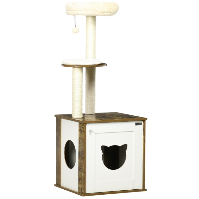 PawHut Cat Scratching Post with Litter Box, Perches and Play Ball, 49x46x131,5 cm, Καφέ