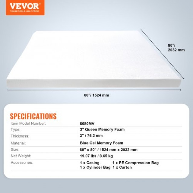 VEVOR  Επίστρωμα Στρώματος Memory Foam Αποσπώμενο & Πλενόμενο Queen 76,2 mm Πάχος JYHMD6080INCMVYELV0