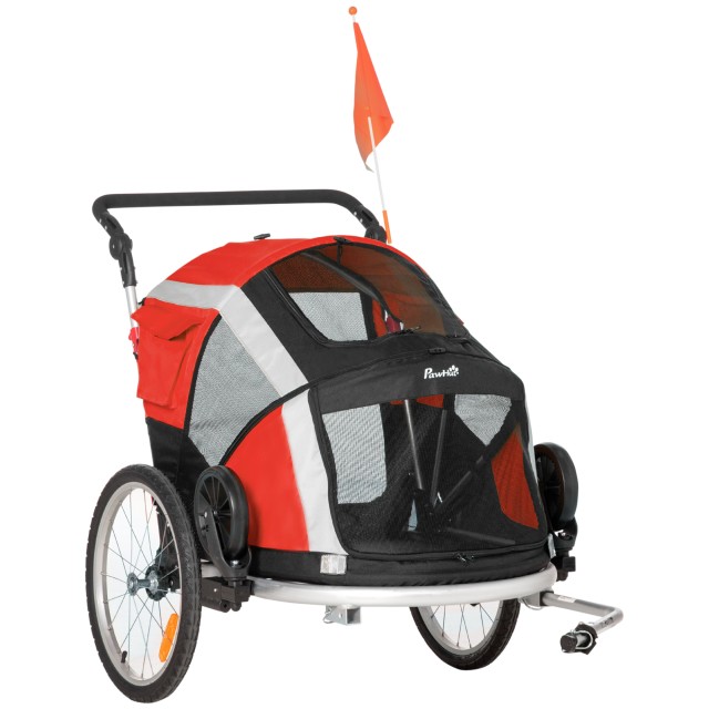 PawHut Dog Bike Trailer για σκύλους κάτω των 30 κιλών με 2 εισόδους, δίχτυα παράθυρα και ανοιγόμενη οροφή, 150x82x98-108cm D00-142RD