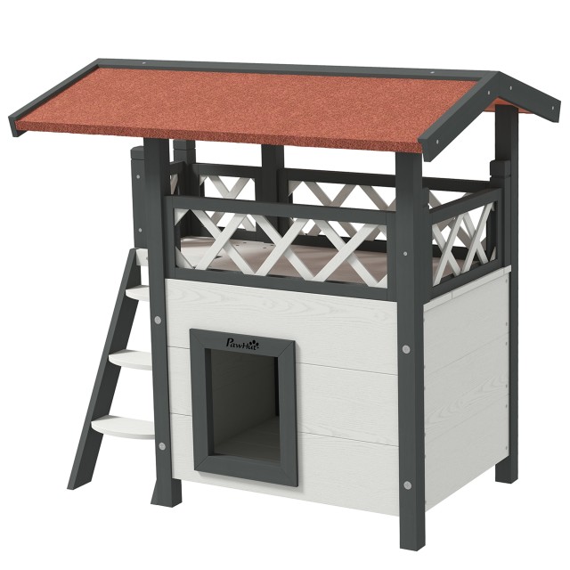 PawHut Outdoor Cat House με Βεράντα και Ξύλινη Σκάλα, 77x50x73cm, Λευκό και Γκρι