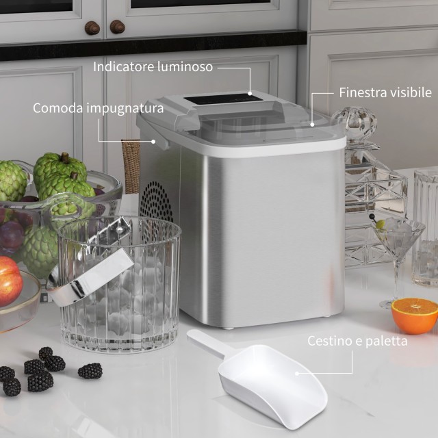 HOMCOM 1.2L Ice Maker με ενδείξεις και αυτοκαθαριζόμενο, σε PP και χαλκό, 22,8x30,3x29 cm, Λευκό 800-184V90WT