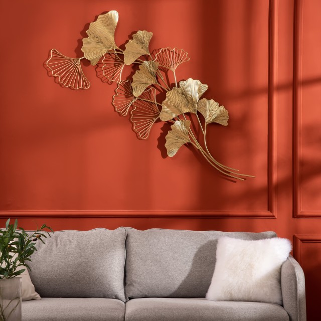 HOMCOM 3D Μεταλλική Διακόσμηση Τοίχου, Golden Ginkgo Leaves Wall Art 138x70cm