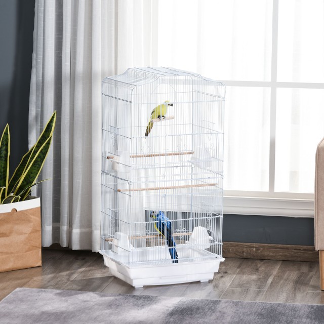 PawHut Bird Cage with Perches, Swing and Bowls, Metal and Plastic Aviary, 46,5x35,5x92cm, Λευκό