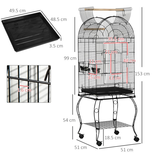 PawHut Bird and Canary Cage, Aviary με Μαύρες Μεταλλικές ρόδες 51x51x153cm D10-024V01