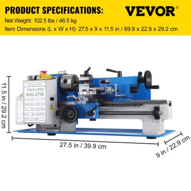 Μίνι Τόρνος Μετάλλου VEVOR 7x12 2250RPM 400W με 3-σιαγόνες Συγκεντρωτικό Τσοκ  0618-3BMNCC000001V2