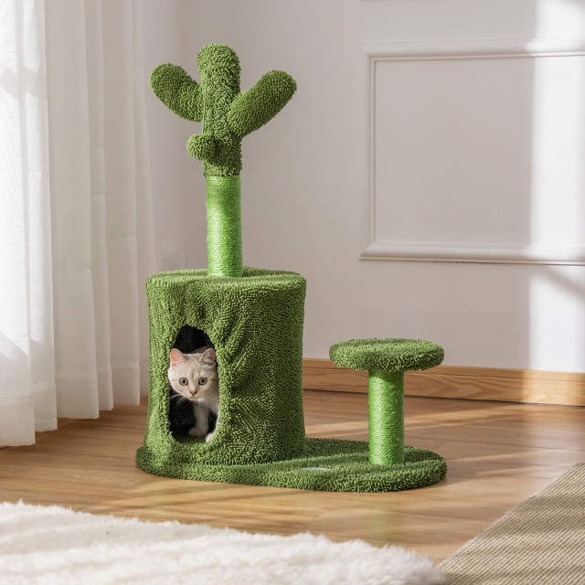 PawHut Cat Scratching Post Tree Έως 4,5 κιλά σε σχήμα Κάκτου με μπάλες και κρεβάτι, 60x35x78cm - Πράσινο