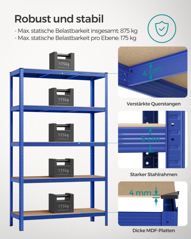 SONGMICS Μονάδα Ραφιών Βαρέως Τύπου, Μπλε, 60 x 120 x 200 εκ., GLR060Q01 - 12 άτοκες δόσεις και 5% cash back