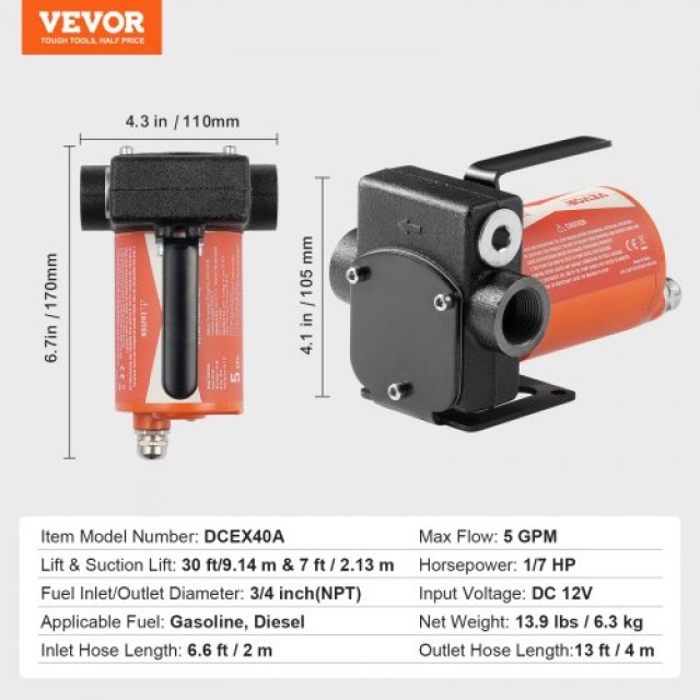 VEVOR  Αντλία Μεταφοράς Καυσίμου 12V 5 GPM 1/7 HP με Αυτόματο Ακροφύσιο Πετρελαίου FBBMG37GPM11Y1A3HV9