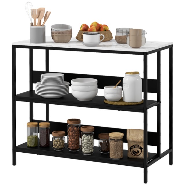 HOMCOM Kitchen Island με ράφια, μαρμάρινο εφέ και μεταλλική κατασκευή, 100x50x90cm, ασπρόμαυρο