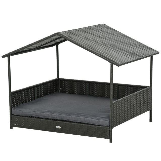 PawHut Raised Dog House με αφαιρούμενο μαξιλάρι, σε PE Rattan and Steel, 117x85x89 cm, Γκρι και Καφέ