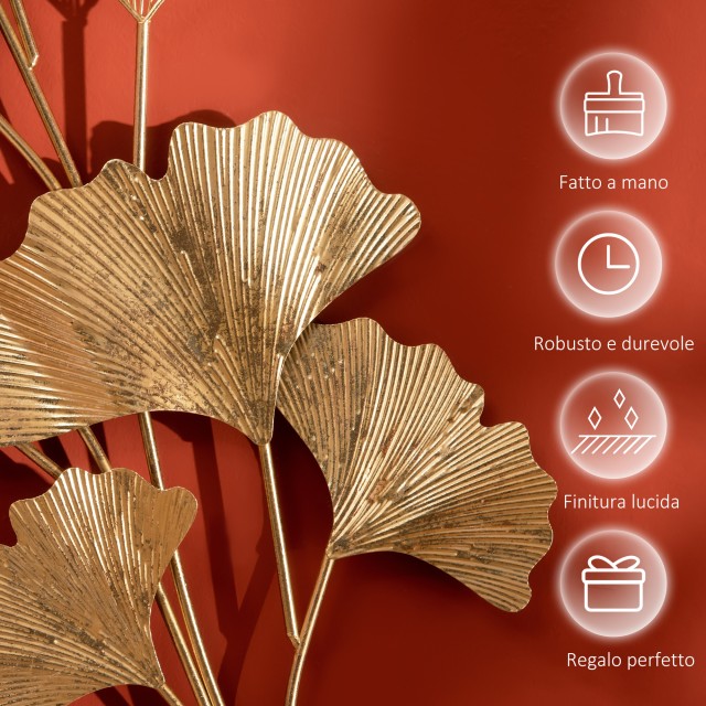 HOMCOM 3D Μεταλλική Διακόσμηση Τοίχου, Golden Ginkgo Leaves Wall Art 138x70cm