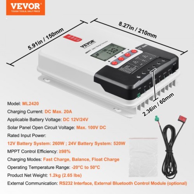 VEVOR 20A MPPT Ρυθμιστής Φόρτισης Ηλιακού Πάνελ με Οθόνη LCD και Αισθητήρα Θερμοκρασίας  DYTYNCDKZQWYXOHN8V9