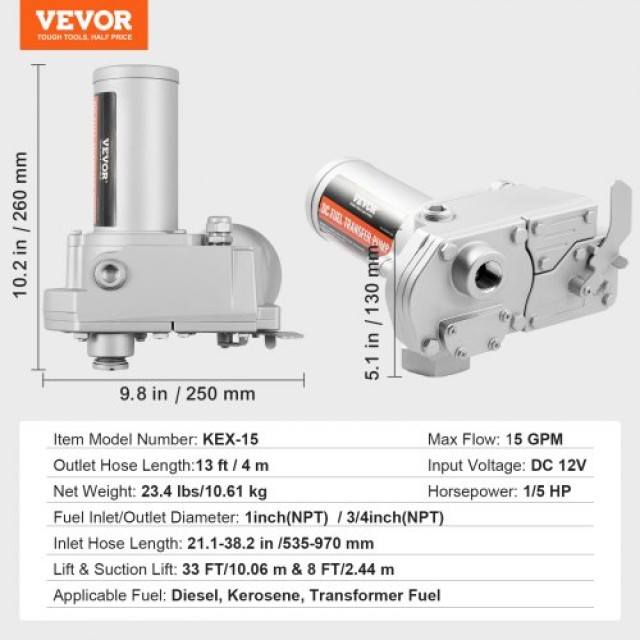 VEVOR Αντλία Μεταφοράς Καυσίμου 12V 15 GPM με Αυτόματο Ακροφύσιο  FBBMG15GPM157Y234V9