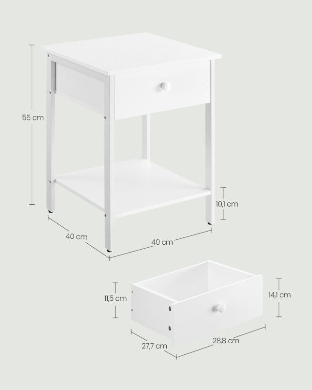 VASAGLE Μοντέρνο Κομοδίνο με Συρτάρι και Ράφι, 40 x 40 x 55 cm, Ματ Λευκό LET055W14 - 12 άτοκες δόσεις και 5% cash back