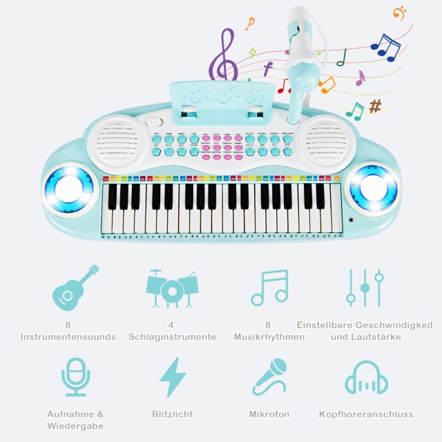 Costway Παιδικό Πιάνο 37 Πλήκτρων με 8 Ρυθμούς, 8 Ήχους Οργάνων & 4 Κρουστά TM10017BL