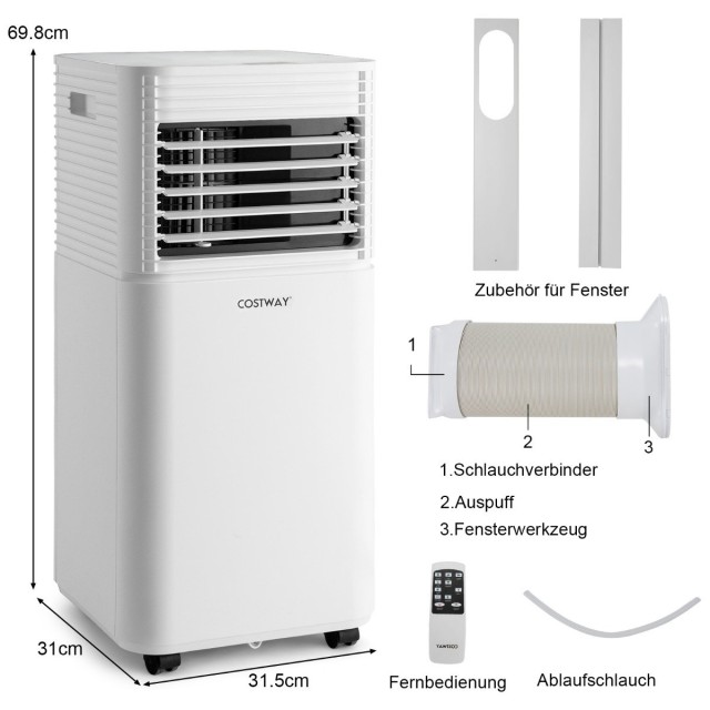 Costway  Φορητό Κλιματιστικό 4 σε 1 με 9000 BTU για Χώρους έως 20㎡ - Ψύξη, Αφύγρανση, Ανεμιστήρας & Λειτουργία Ύπνου FP10109DE-WH