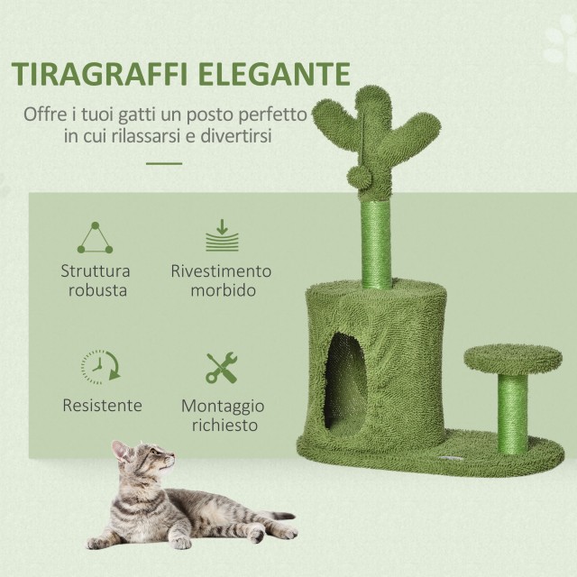 PawHut Cat Scratching Post Tree Έως 4,5 κιλά σε σχήμα Κάκτου με μπάλες και κρεβάτι, 60x35x78cm - Πράσινο D30-450