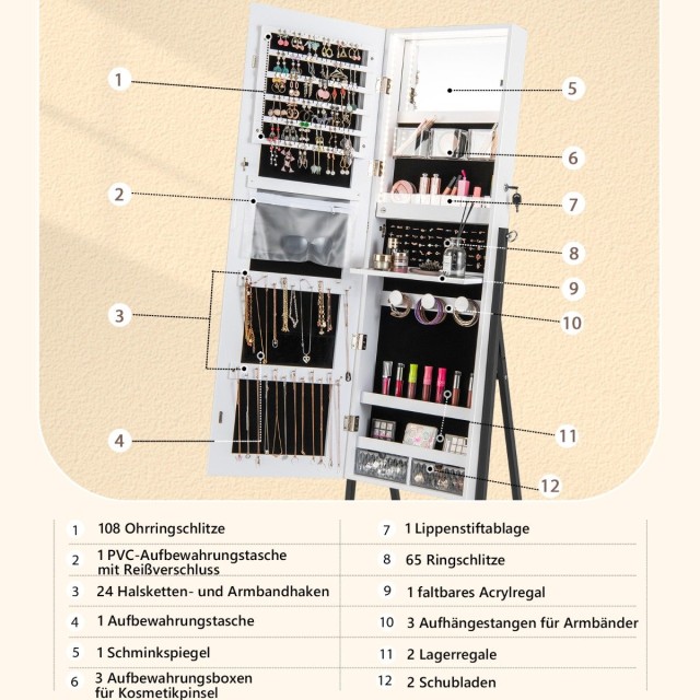 Costway  Πολυλειτουργική Ντουλάπα Καθρέφτης με LED Φωτισμό και Αποθηκευτικούς Χώρους για Κοσμήματα JV10432WH