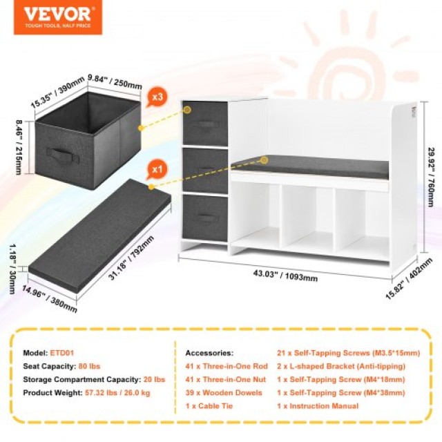 VEVOR  Παιδικός Πάγκος Ανάγνωσης με 6 Θήκες και Μαξιλάρι Καθίσματος Λευκός CGKETCWDZJBCNS6NYV0