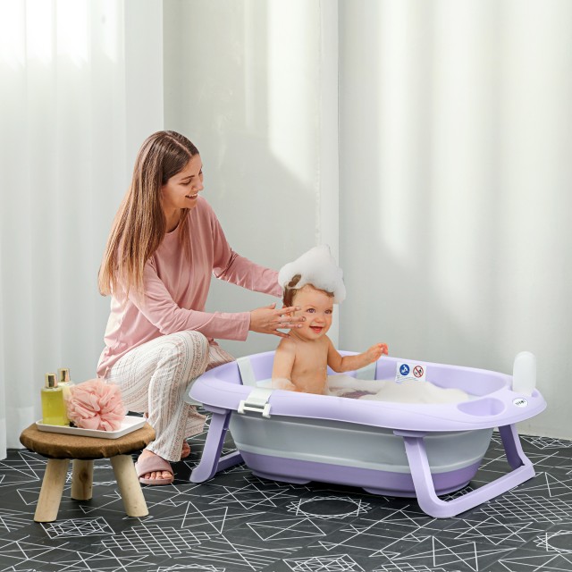 ZONEKIZ Πτυσσόμενη μπανιέρα για παιδιά 0-6 ετών με μαξιλάρι και 2 ράφια, 83x48x23,5 cm, μωβ και λευκό