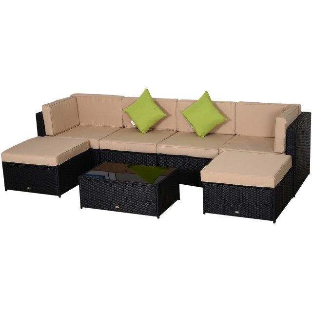 Outsunny Garden Lounge σε PE Rattan 7 τεμαχίων με καναπέ πουφ Τραπεζάκι σαλονιού μαύρο με χακί και πράσινα μαξιλάρια 860-002V02