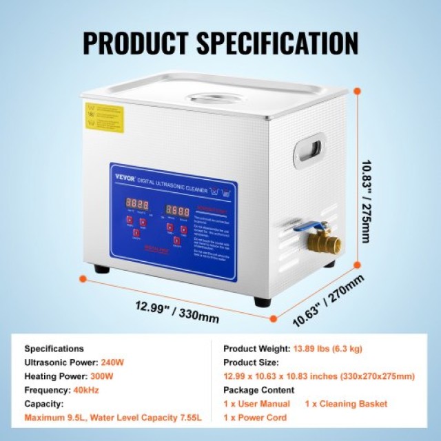 VEVOR Καθαριστής Υπερήχων 10L με Ψηφιακή Θέρμανση για Επαγγελματική & Οικιακή Χρήση  JPS-40ACSBQXJ0001V2