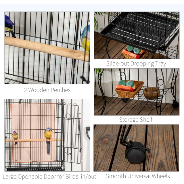 PawHut Bird and Canary Cage, Aviary με Μαύρες Μεταλλικές ρόδες 51x51x153cm D10-024V01