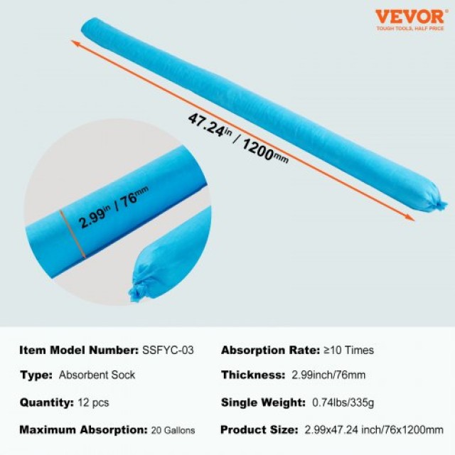 VEVOR  Σετ 12 τμχ Υπέρ Απορροφητικές Κάλτσες 76x1200mm Διαχείρισης Διαρροών και Απορρόφησης Υγρών έως 75 λτ  FYCKZYPTYXXS0MFEMV0