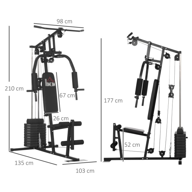 HOMCOM Fitness Station με βάρη 45kg για οικιακή και επαγγελματική προπόνηση, Πολυλειτουργικό Steel Gym, 135x103x210cm, Μαύρο