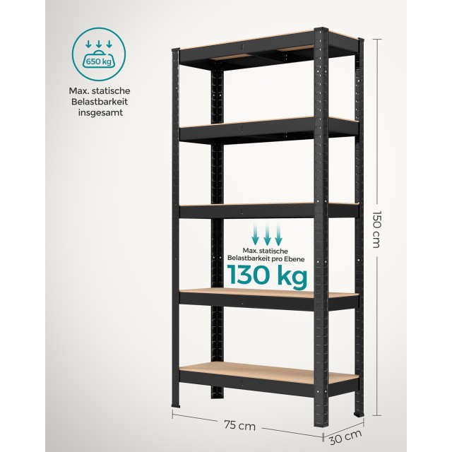 Ράφι Αποθήκευσης SONGMICS 5 Επιπέδων 650kg 30x75x150cm Μαύρο - 12 άτοκες δόσεις και 5% cash back