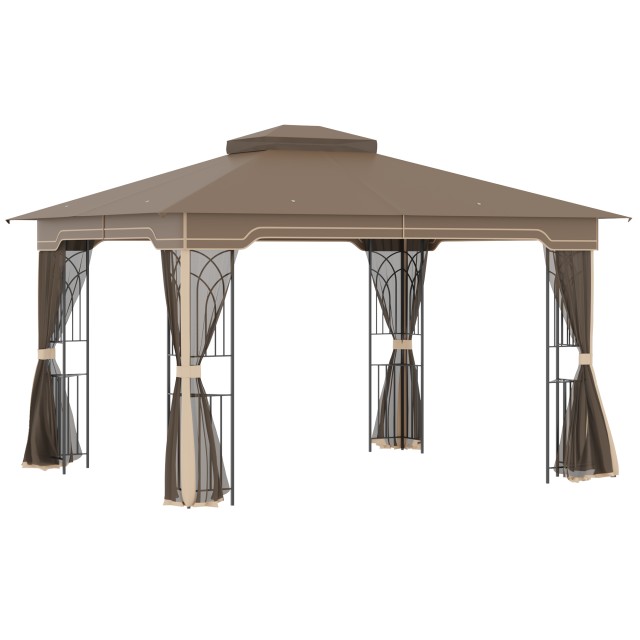 Outsunny Garden Gazebo με κουνουπιέρα, διπλή οροφή, μεταλλική κατασκευή και ράφια, 3,65x3m καφέ και μπεζ