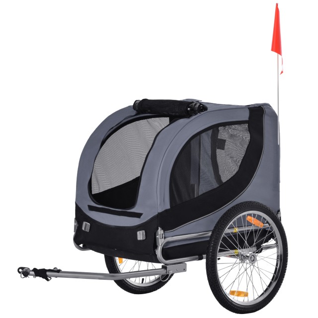 PawHut Bike Trailer για σκύλους μεσαίου μεγέθους με πλαϊνά παράθυρα και σημαία, 130x73x90 cm, γκρι και μαύρο D00-050