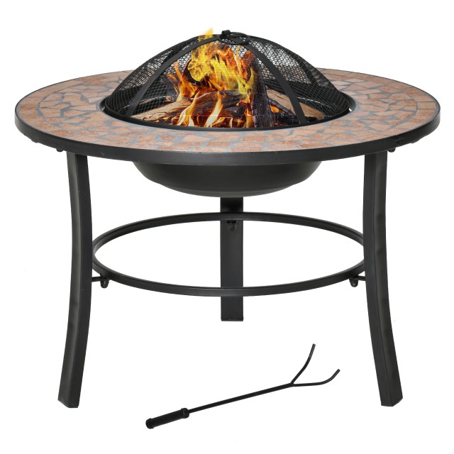 Outsunny Garden Fire Pit με καπάκι στερέωσης σπινθήρων, πόκερ και κεραμική κορυφή, 68x68x45cm, μαύρο 842-215