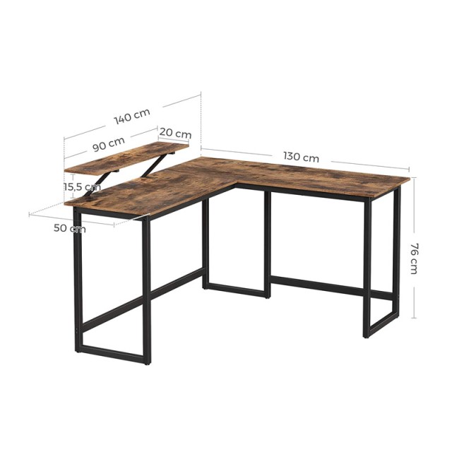 Γωνιακό Μεταλλικό Γραφείο 140 x 130 x 76 / 91.5 cm Χρώματος Σκούρο Καφέ VASAGLE LWD56X - 12 άτοκες δόσεις και 5% cash back