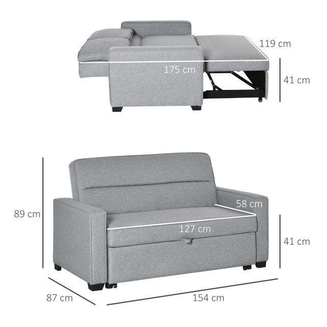 HOMCOM 1θέσιος υφασμάτινος καναπές-κρεβάτι, 2θέσιο κάθισμα και 3 ανακλινόμενη πλάτη, 154x87x89cm - Γκρι