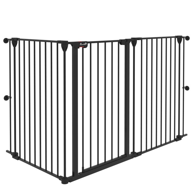 PawHut 3-Panel Medium Dog Gate με διπλό σύστημα κλειδώματος, 206x90cm, Μαύρο D06-186V00BK