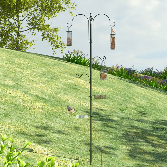 PawHut Bird Feeder με 4 γάντζους με δίσκους και 3 διαφορετικούς τροφοδότες σε ατσάλι 54,5x54,5x208cm Μαύρο