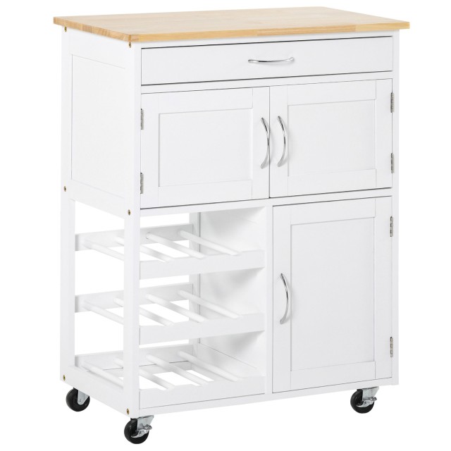 HOMCOM White Wood Kitchen Cart food with Bottle Rack 1 συρτάρι και 3 πόρτες, 67x37x87cm 801-179