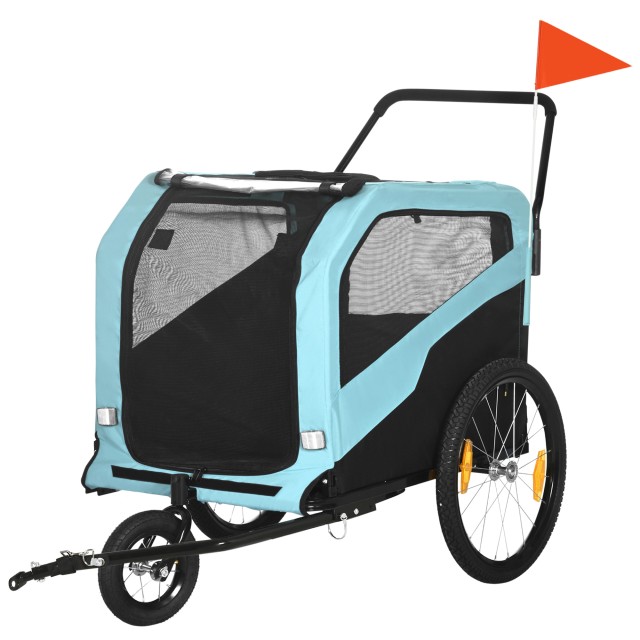 PawHut Bike Trailer για σκύλους 30kg max με 2 εισόδους και τσέπες αποθήκευσης, σε ατσάλι και ύφασμα Oxford, μπλε D00-168V00LB