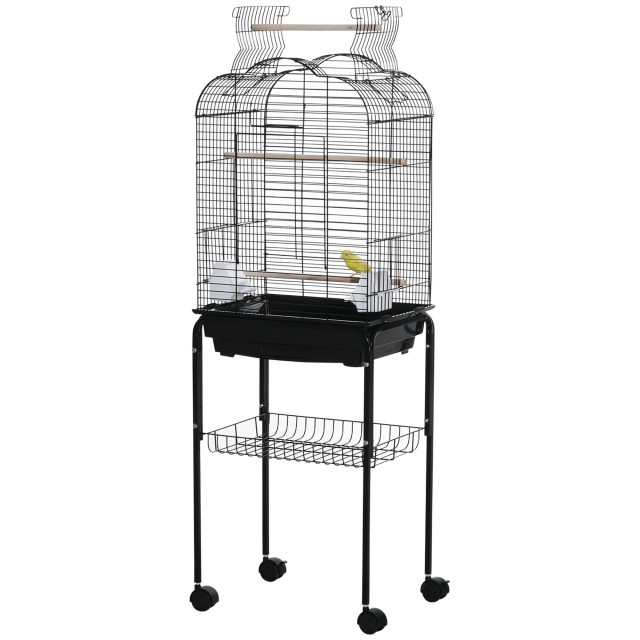 PawHut Bird Cage με 3 κούρνιες, 2 μπολ και 2 πλαϊνές πόρτες, σε ατσάλι, PP και ξύλο, 46x36x130 cm, Μαύρο