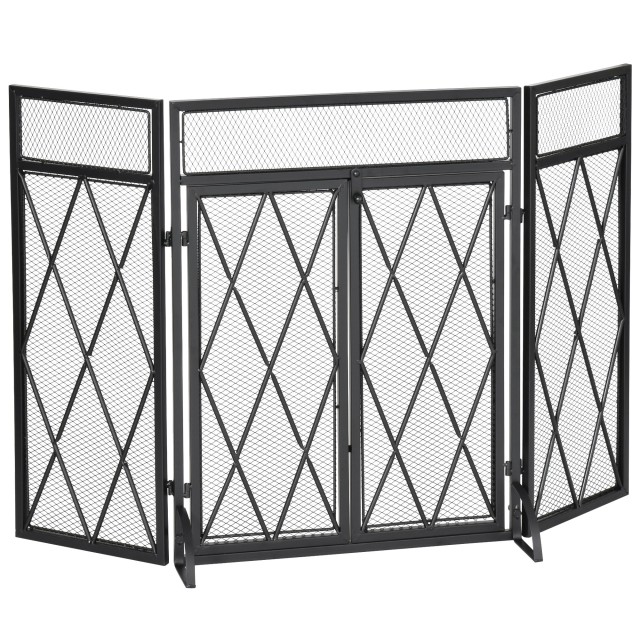 HOMCOM Metal Fire Screen με 3 Πτυσσόμενα Πάνελ και 2 Πόρτες, 120x11,5x79cm - Μαύρο 820-241