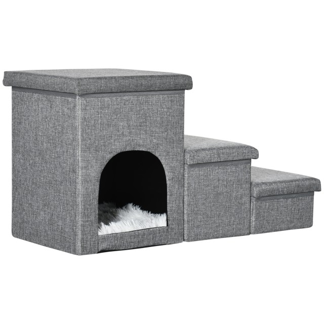 PawHut 3-Step Dog and Cat Ladder 10kg Max with Dog House and Αποθηκευτικός χώρος, 73,5x33x40,5 cm, Γκρι D06-172V00LG