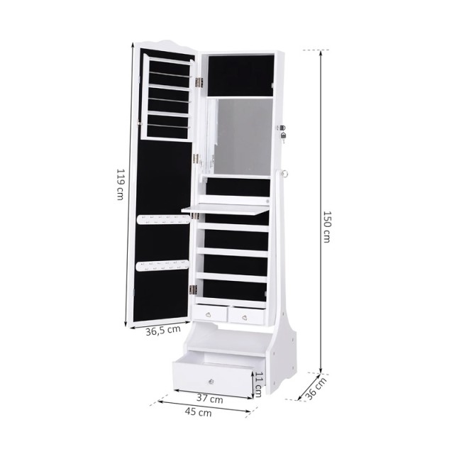 Κοσμηματοθήκη Μπιζουτιέρα 45 x 36 x 150 cm με Ολόσωμο Καθρέπτη και LED Φωτισμό HOMCOM 831-274WT