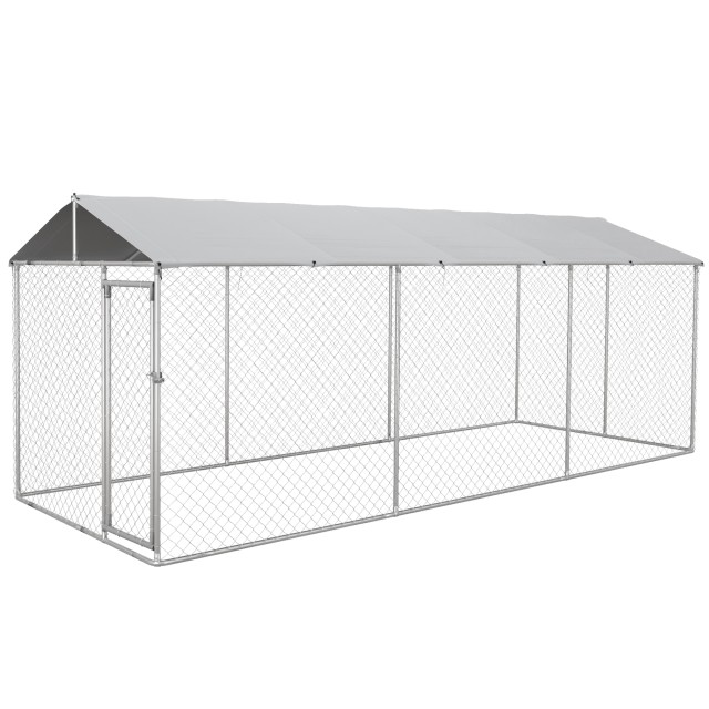 PawHut Outdoor Dog Kennel με αδιάβροχη οροφή από ύφασμα και ατσάλι Oxford, 6x2,3x2,3 m, ασήμι D02-179V02SR